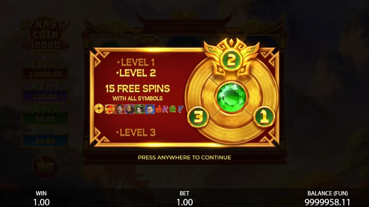 Tampilan visual slot Dynasty Coin 10,000 dengan tema Oriental yang megah