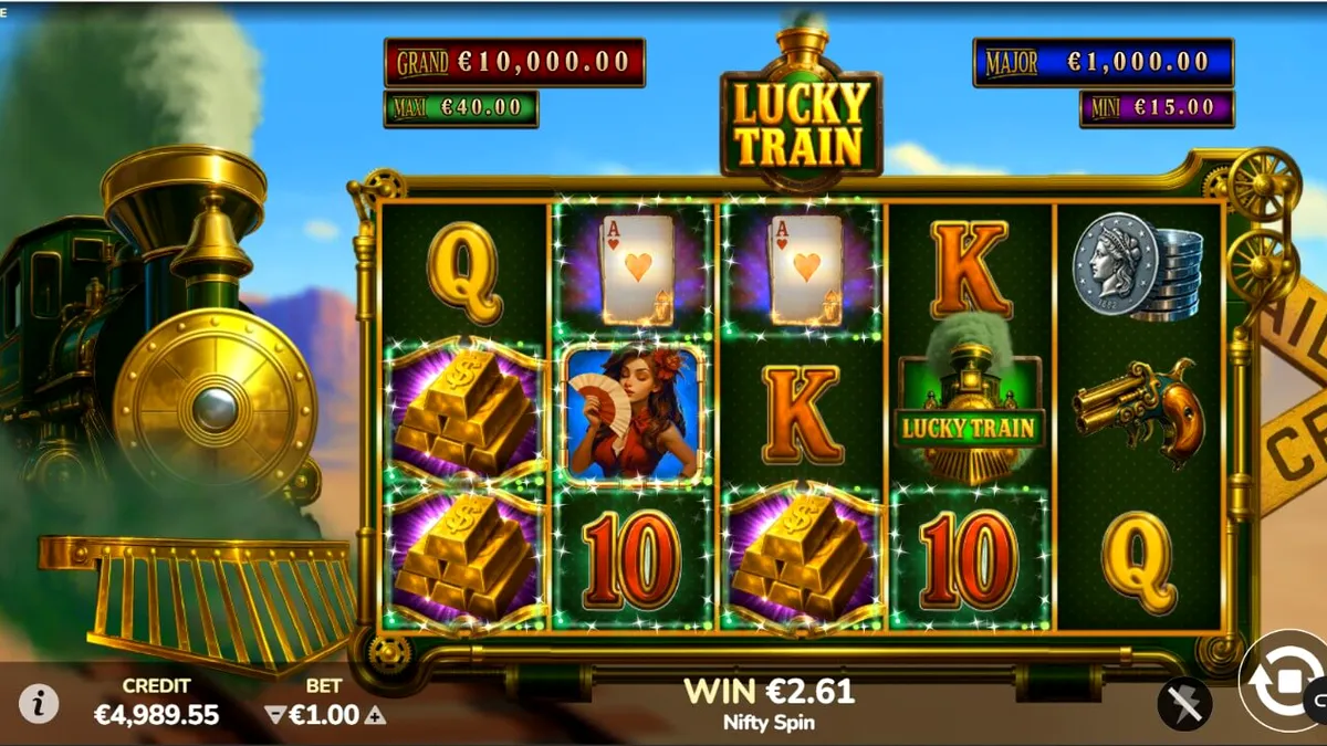 Lucky Train slot machine interface with steampunk gears and neon aesthetic